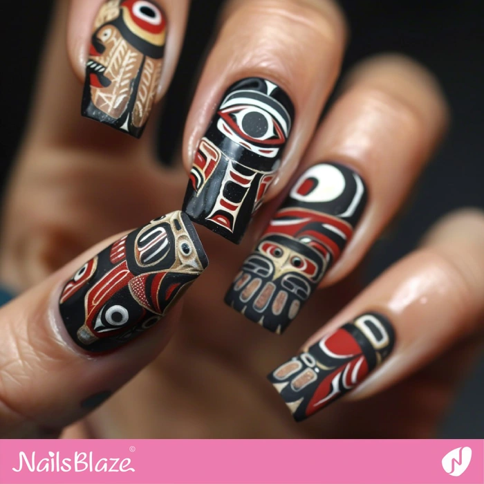 Black and Red Totem Pole Nails Design | Tribal Nails - NB4587